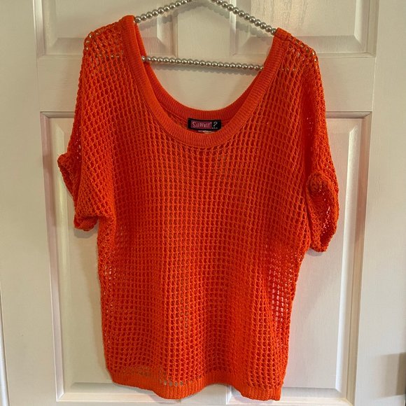 Say What Orange Wide Neck Short Sleeve Open Knit Crochet Sweater Top Size S - Picture 1 of 3